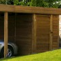 Skan Holz Abstellraum C1, 314x164 cm, grün imprägniert, unter Carport mit Auto.