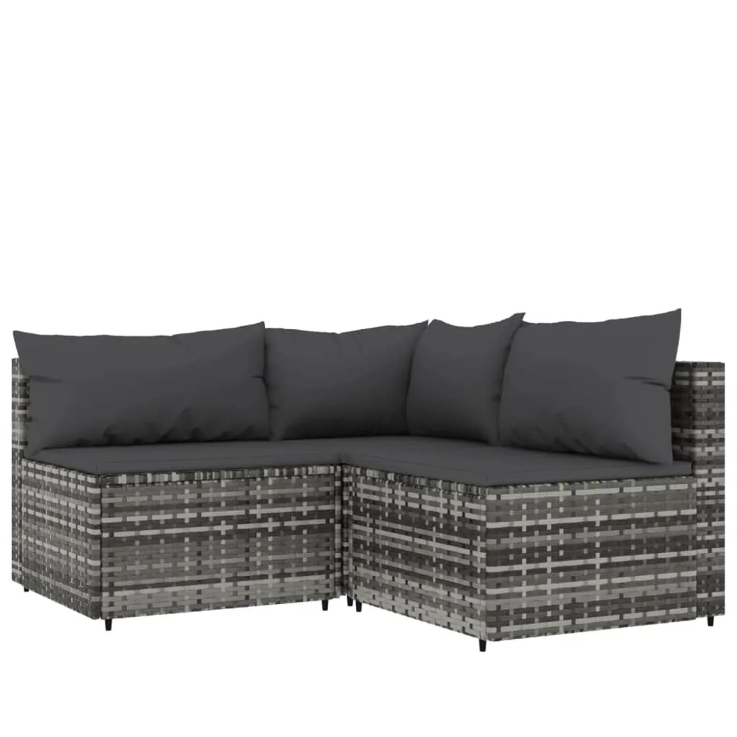 Graues 4-tlg. vidaXL Garten-Lounge-Set aus Polyrattan mit anthrazitfarbenen Kissen.