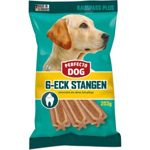 Verpackung Perfecto Dog Kausticks 6-Eck Stangen, Hundesnack zur Zahnpflege.