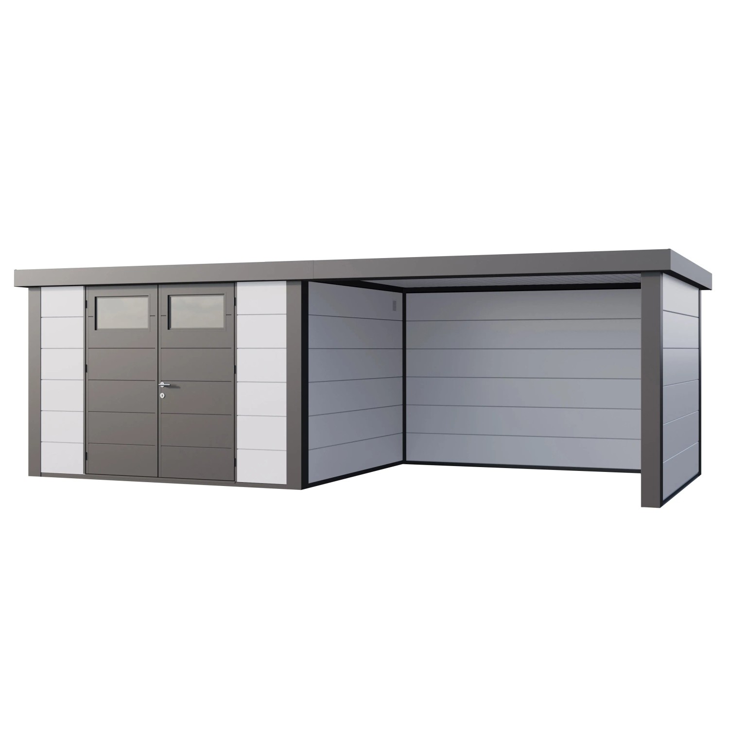 Gerätehaus Classico 3330 mit Lounge L Rechts 672 cm x 298 cm Weiß