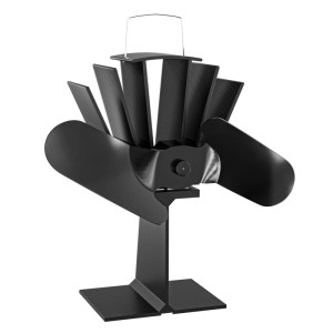 Schwarzer Kaminofen Ventilator mit 2 Blättern. Stromloser Ofenventilator für effiziente Wärmeverteilung.