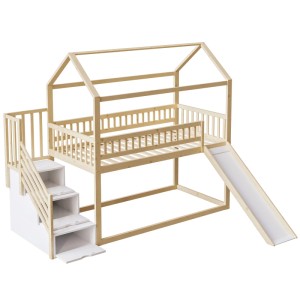 Massivholz Kinderhochbett 90x200cm mit Rutsche, Treppe und Stauraum. Holzfarbenes Bett für Spiel & Schlaf.