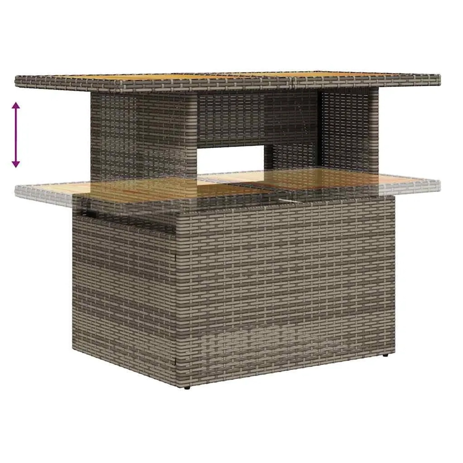 Verstellbarer Gartentisch aus grauem Rattan, Teil der vidaXL Garten-Sofagarnitur.