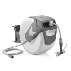 FUXTEC Wasserschlauchaufroller 20m, grau/weiß, mit Wandhalterung und Spritzpistole. Automatisches Aufrollen für den Garten.