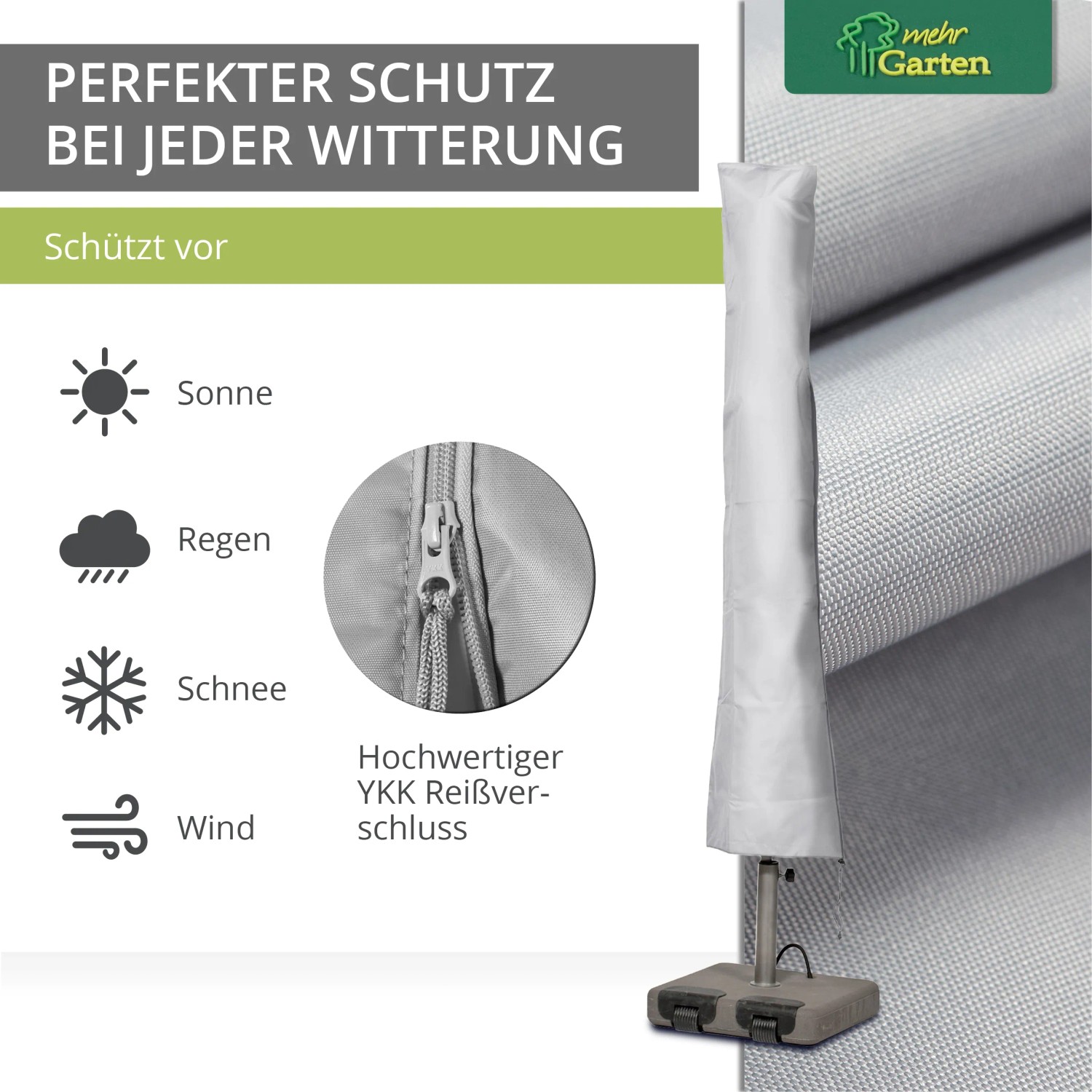 Mehr Garten Schutzhülle für Sonnenschirm, 195 cm, wasserdicht und UV-beständig.