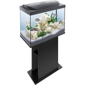 Tetra Aquarienunterschrank Starter Line 54/80 l in Schwarz mit Aquarium, Fischen und Dekoration.