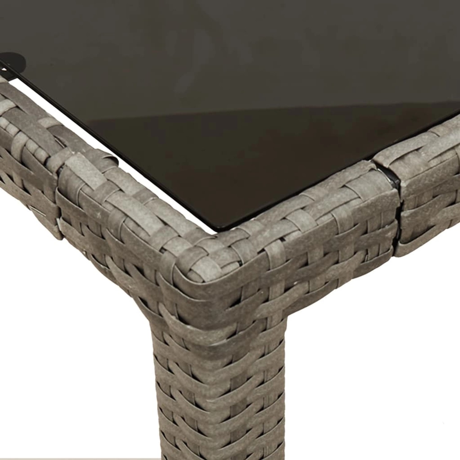 Detailansicht: Grauer Gartentisch aus Rattan mit Glasplatte, Teil der 7-tlg. Essgruppe von vidaXL.