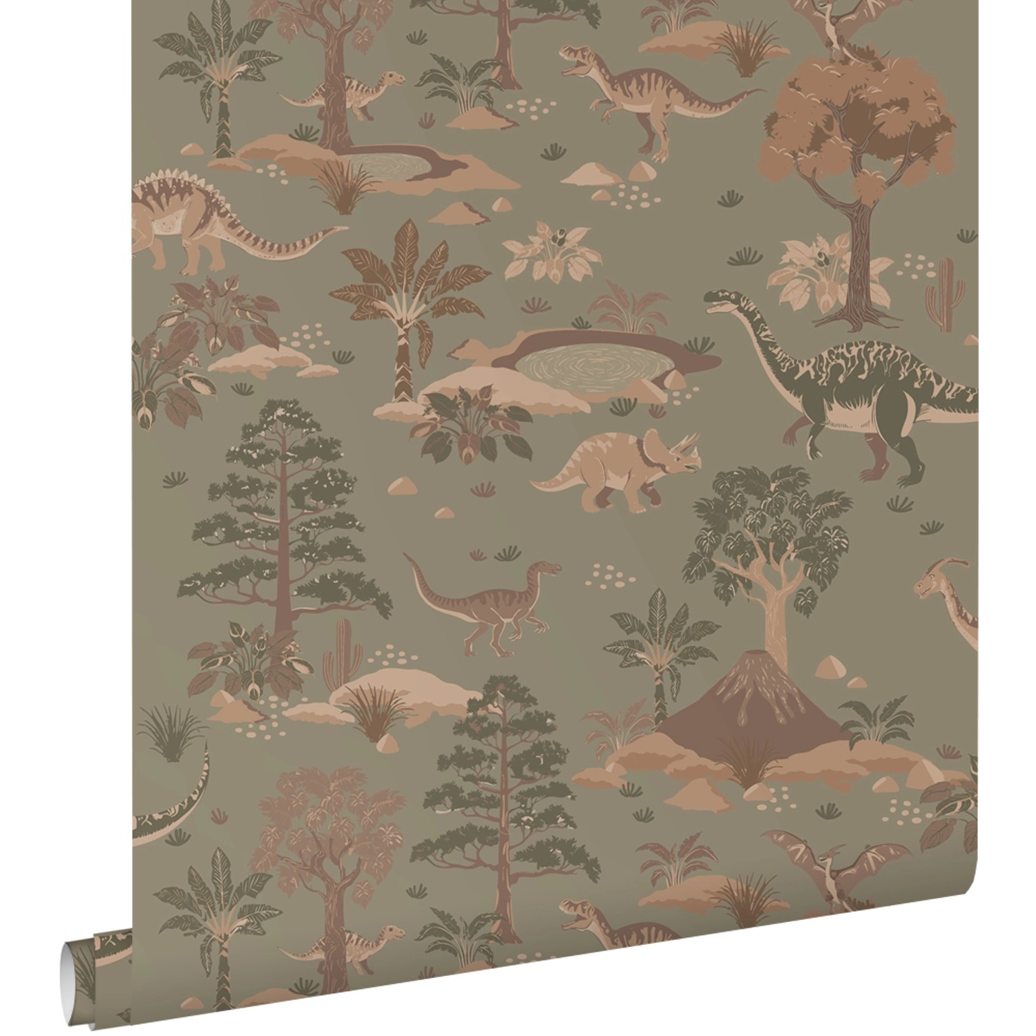 ESTAhome Tapete Dinosaurier Graugrün und Braun 50 x 900 cm günstig online kaufen