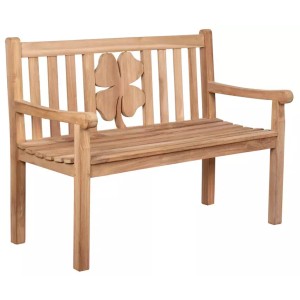 Gartenbank Kleeblatt aus Teakholz mit abgerundeten Armlehnen und Kleeblatt-Motiv im Rückenteil.