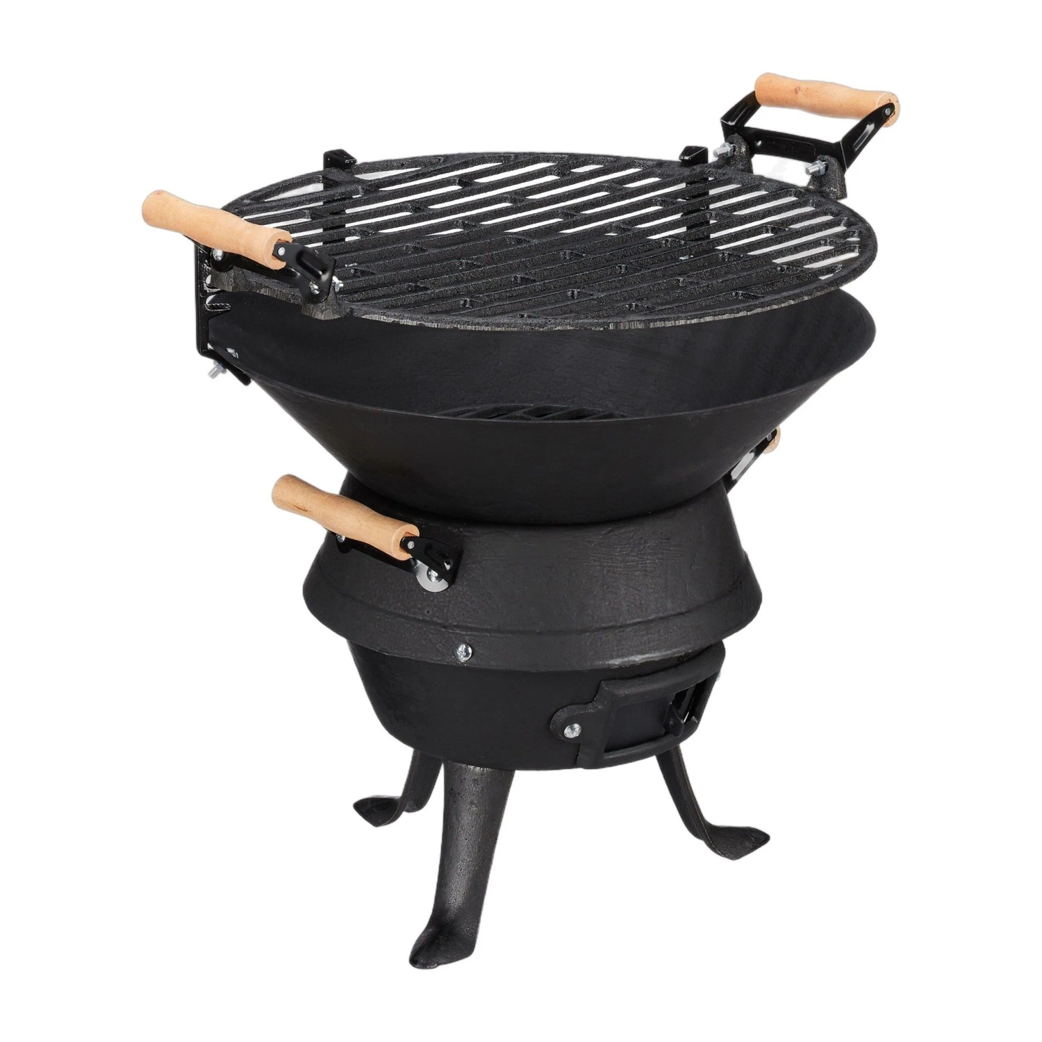 Relaxdays Grillfass Gusseisen Holz Höhenverstellbar 40 cm x 45 cm x 36 cm 5,3 kg