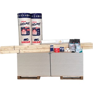 Dachausbau-Komplettpaket mit Mineralfaser Dämmstoffen, Gipskartonplatten, Latten, Folie und Zubehör.