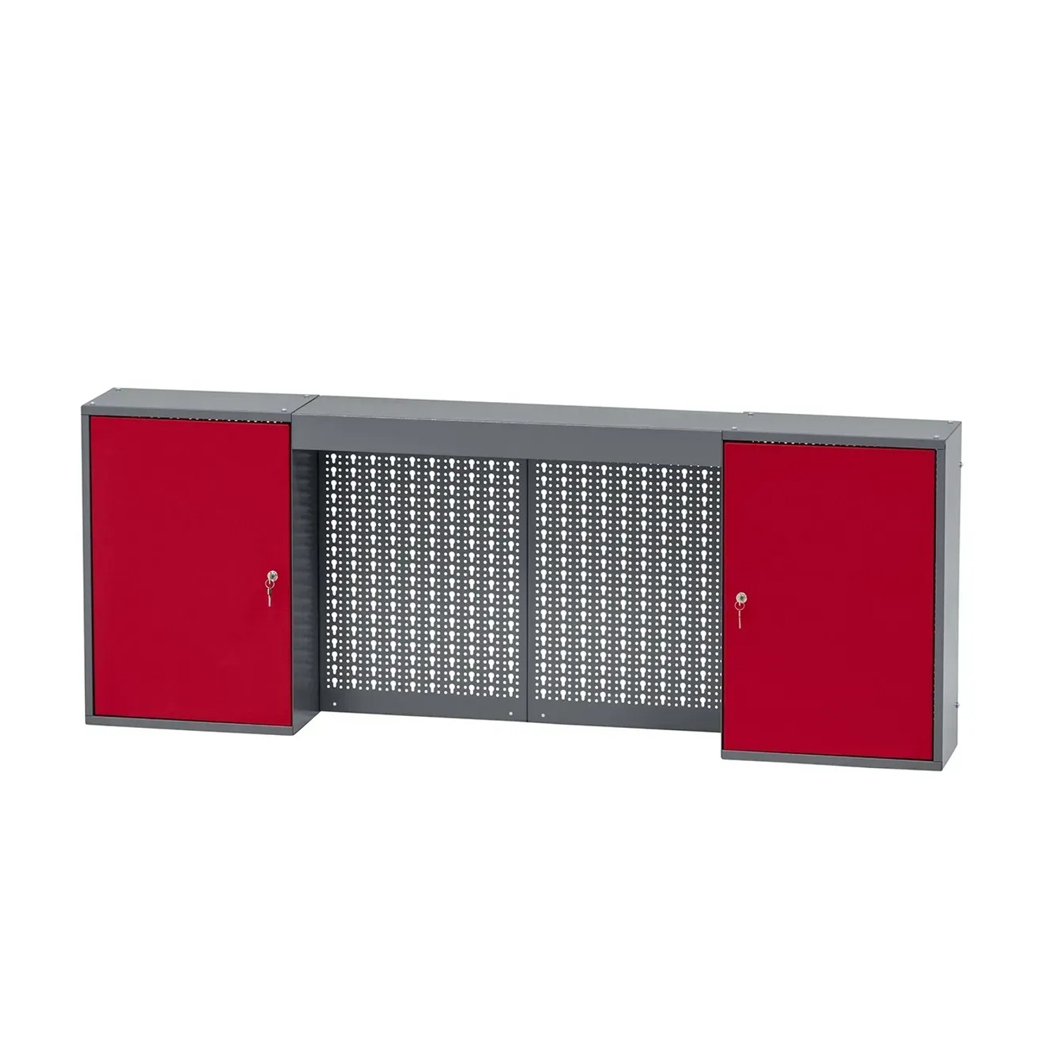 Küpper Hängeschrank für Werkbank, dunkelrot, mit Lochwand und zwei abschließbaren Türen.