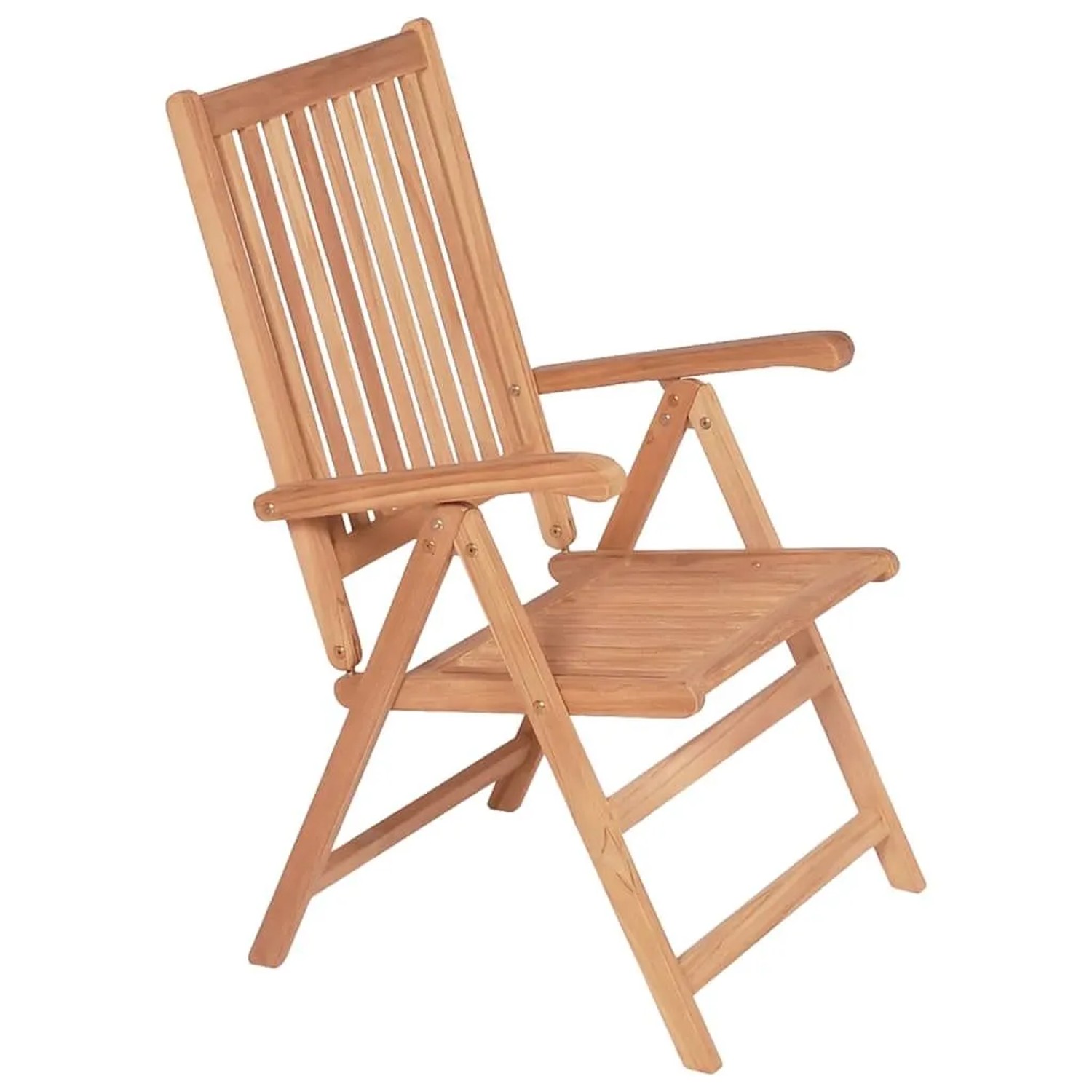 Verstellbarer Gartenstuhl aus Teakholz mit Lattenrost und Armlehnen, klappbar.