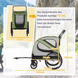 Abmessungen des grünen PawHut Hundeanhängers/Buggys: 140x72,5x108 cm. Wichtig: Gesamtbreite 73 cm beachten!