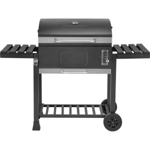 Dunkelgrauer Jamestown Holzkohlegrill Jaxon XL mit Deckelthermometer, Seitenablagen und Rädern. Mobiler Grillwagen aus Stahl.