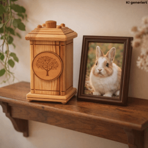 Holz-Tierurne mit Lebensbaum-Motiv für Kleintiere, 12x12x20 cm. Andenkurne für Haustier Asche.