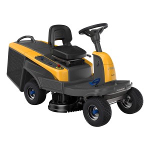 Stiga Akku-Rasentraktor Swift 372e mit Akkus & Ladegerät. Kompakter gelb-schwarzer Aufsitzmäher.