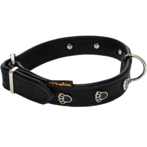 Schwarzes Heim Hundehalsband aus Leder mit Pfoten-Motiv, 22 mm breit und 40 cm lang.