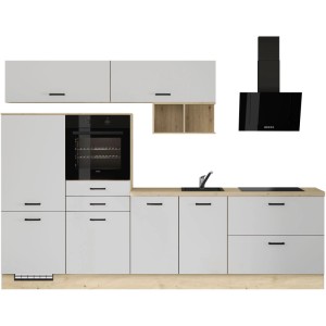 Weiße Küchenzeile 300 cm mit heller Eiche-Arbeitsplatte, Backofen, Kochfeld, Spüle und schwarzer Dunstabzugshaube.