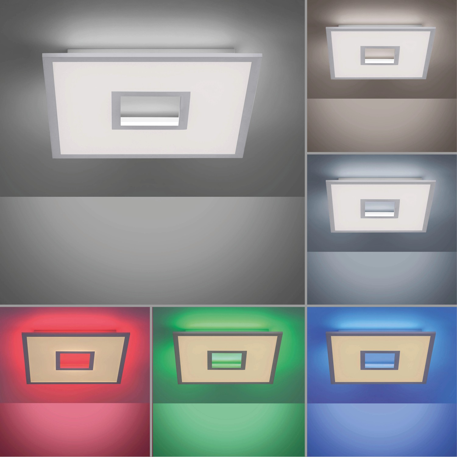 Weiße LED-Deckenleuchte Recess mit Farbwechsel und Fernbedienung, 45x45 cm.