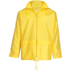 Gelbe Safety&More Regenjacke in Größe S mit Kapuze und Reißverschluss für Arbeitskleidung.
