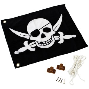 Axi Piratenflagge mit Hissystem, schwarze Stoffflagge mit Totenkopf und gekreuzten Säbeln.