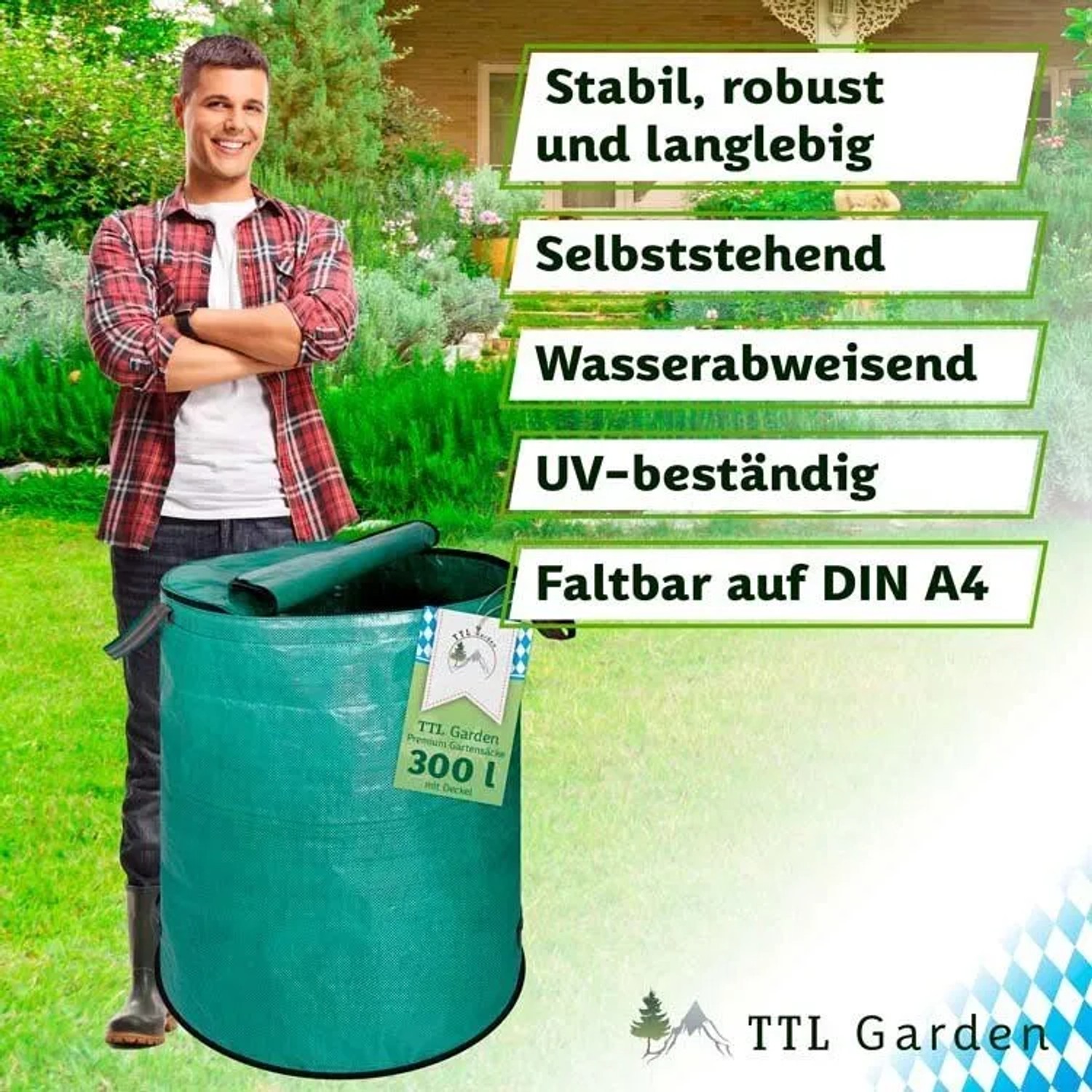 TTL GARDEN Gartensack 3er Set, 300 L: Laubsäcke mit Reißverschluss und doppeltem Boden.
