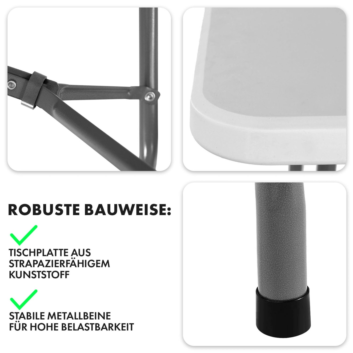 Detailansicht KARAT Klapptisch Akita: Wetterfeste Platte, Stahlbeine, robuste Bauweise.