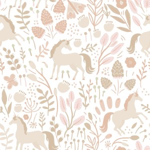 Beige Kindertapete mit Einhörnern, Blumen und Blättern für ein zauberhaftes Kinderzimmer.