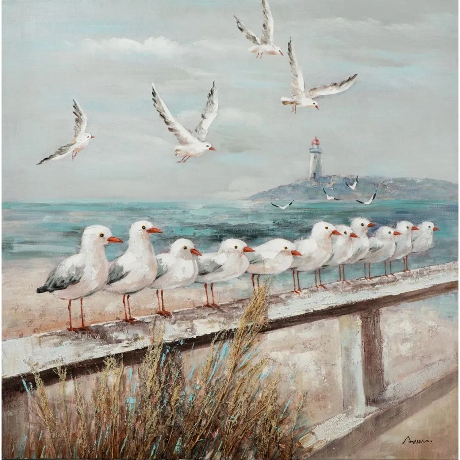 Art Universe Leinwandbild Strandpromenade mit Möwen 100 x 100 cm