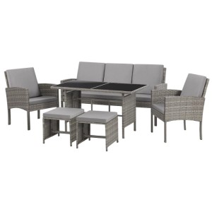 Svita Denver graues Polyrattan Gartenmöbel Set: Sofa, 2 Sessel, 2 Hocker, Esstisch mit Glasplatte. Lounge Essgruppe.