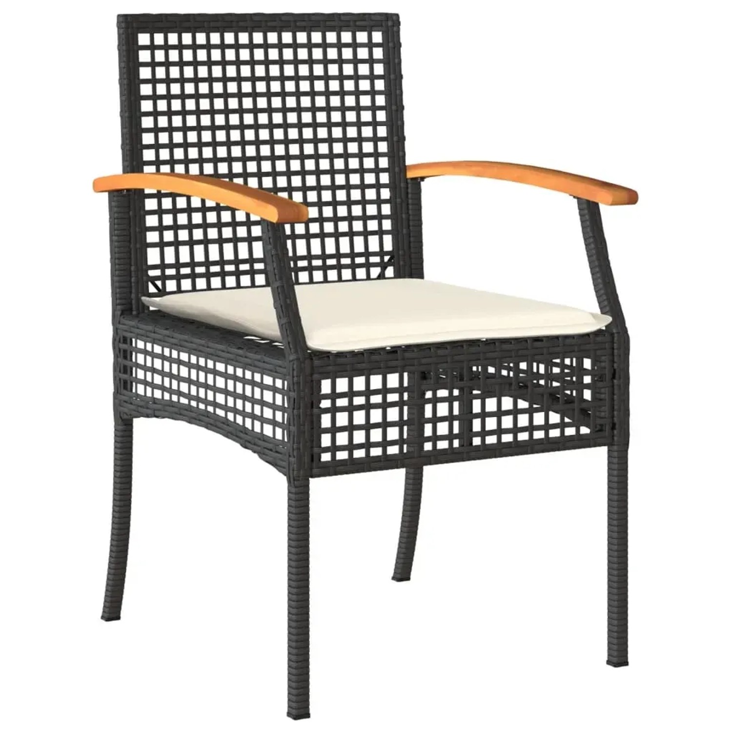 Schwarzer Gartenstuhl aus Polyrattan mit cremefarbenem Kissen und Holzarmlehnen, Teil der 5-tlg. Essgruppe.