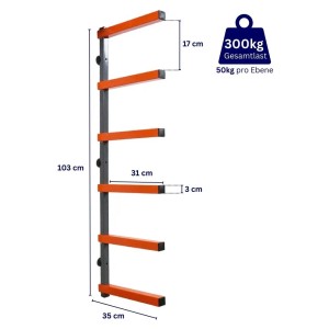 PROREGAL Kragarmregal für Wandmontage, grau-orange, 6 Ebenen, geeignet zur Holzlagerung in Garage oder Werkstatt.