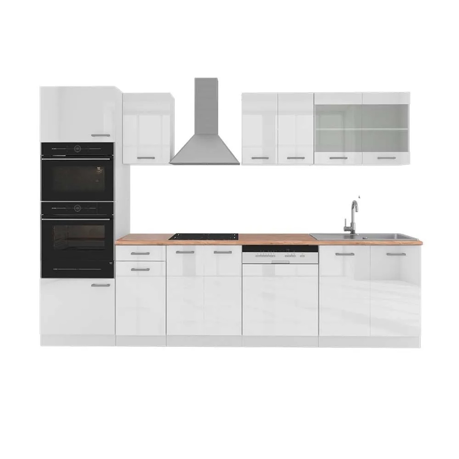Vicco R-Line Küchenzeile Weiß Hochglanz Weiß 300 cm mit HochschrankAP Eiche ohne E-Geräte