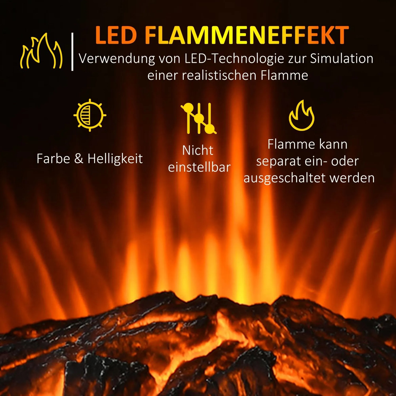 Realistischer LED-Flammeneffekt eines Elektrokamins mit glühenden Holzscheiten. Flamme separat schaltbar.