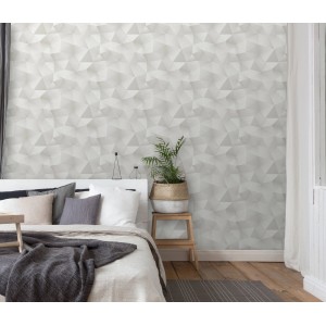 Helles Schlafzimmer mit grauer Erismann Vliestapete mit Grafikmuster von Guido Maria Kretschmer.