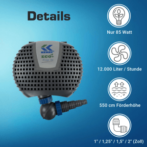 Kerry Electronics ECO 12000 Teichpumpe mit Vorfilterkammer, 85 Watt, 5,5m Förderhöhe.
