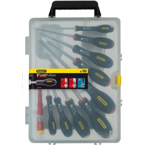 Stanley FatMax Schraubendreher-Set, 10-teilig im Koffer mit Schlitz, Kreuzschlitz und Spannungsprüfer.