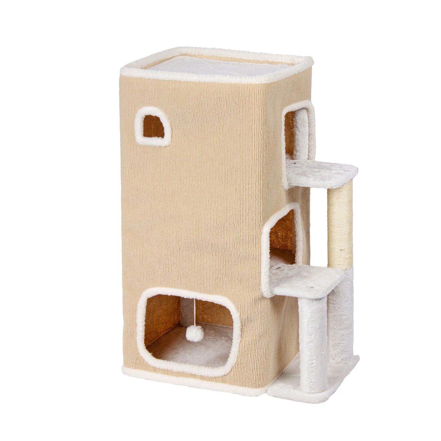 Relaxdays Katzenhaus MDF Polyester Beige 3 Etagen mit Kratzstamm mit Spielball 83,5 cm x 43 cm x 34 cm 3,9 kg