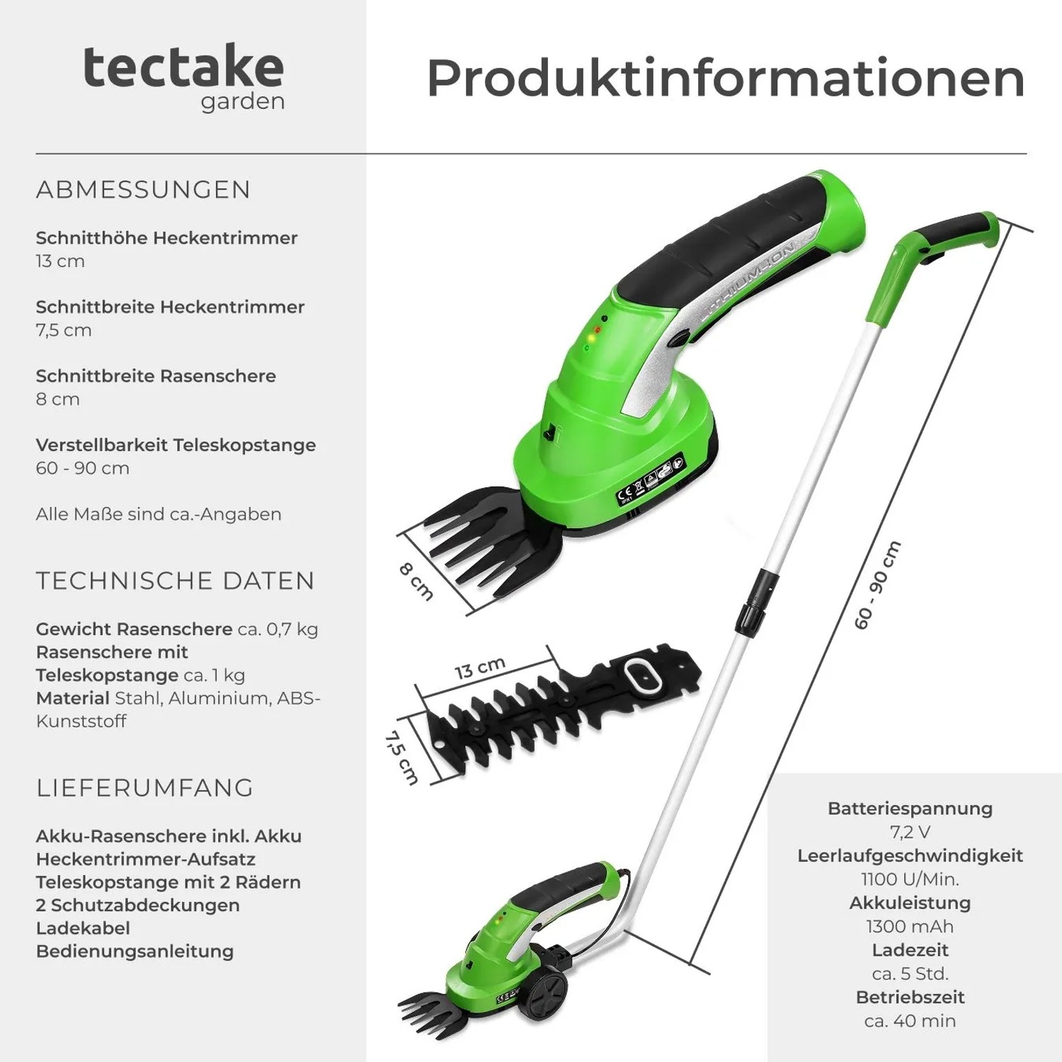 Grüne Tectake Akku Heckenschere mit 2 Aufsätzen für Gras & Hecken, inkl. Teleskopstange.