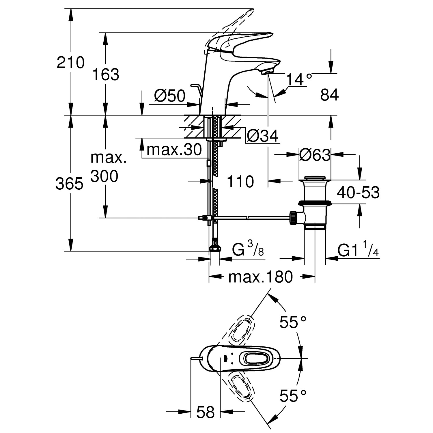Technische Zeichnung Grohe Eurostyle Waschbeckenarmatur S-Size Chrom mit Maßangaben.
