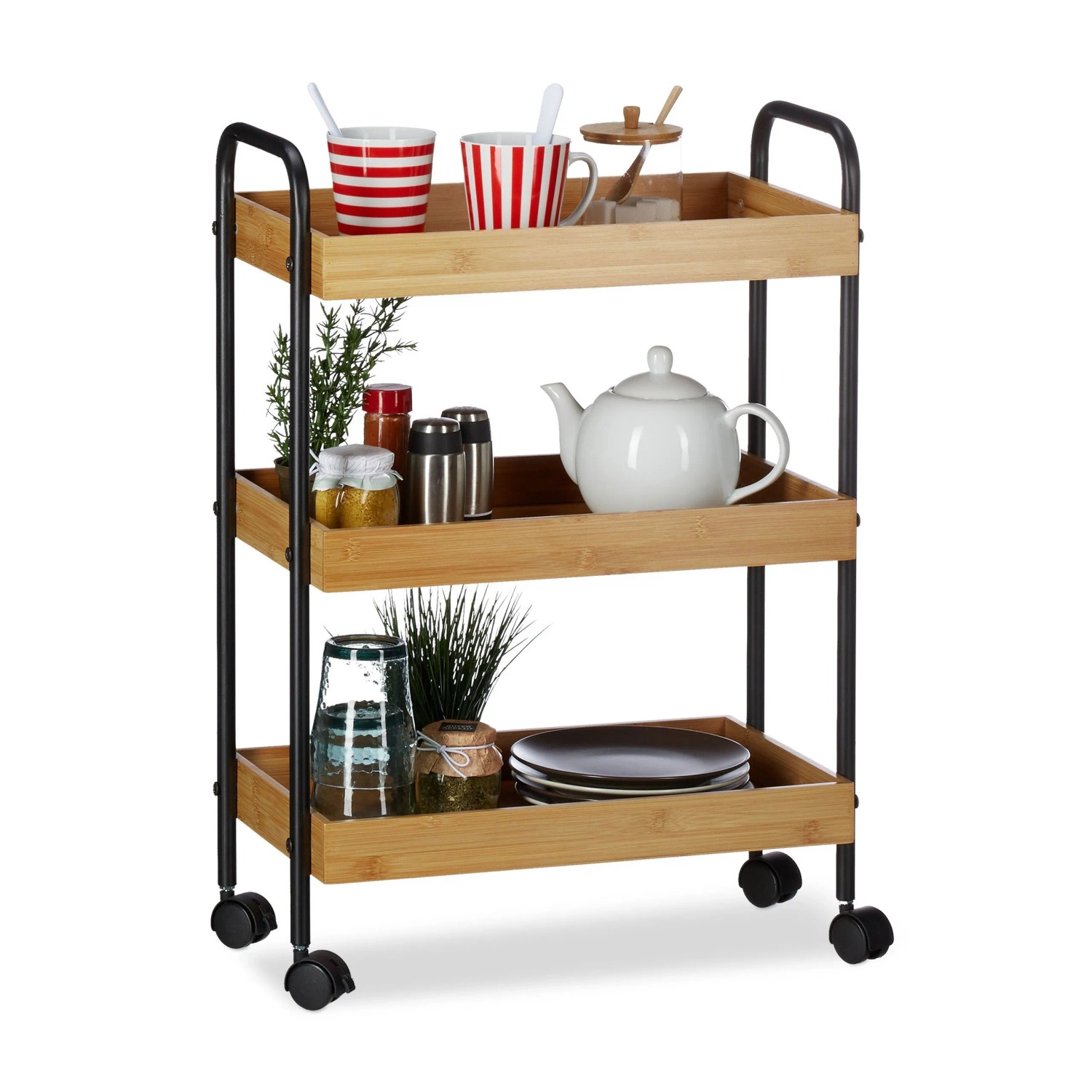 Relaxdays Rollwagen Bambus Stahl Schwarz Mit 3 Ablagen 70 cm x 50 cm x 28 cm