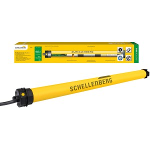 Schellenberg Rollladenmotor Plus Mini 6 Nm, gelber Rohrmotor mit Zubehör und Verpackung.