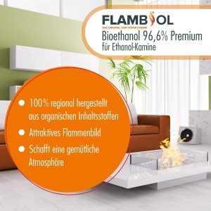 Flaschen mit Flambiol Bioethanol 96,6% Premium für Ethanol-Tischkamin. Brennstoff für Kamine.