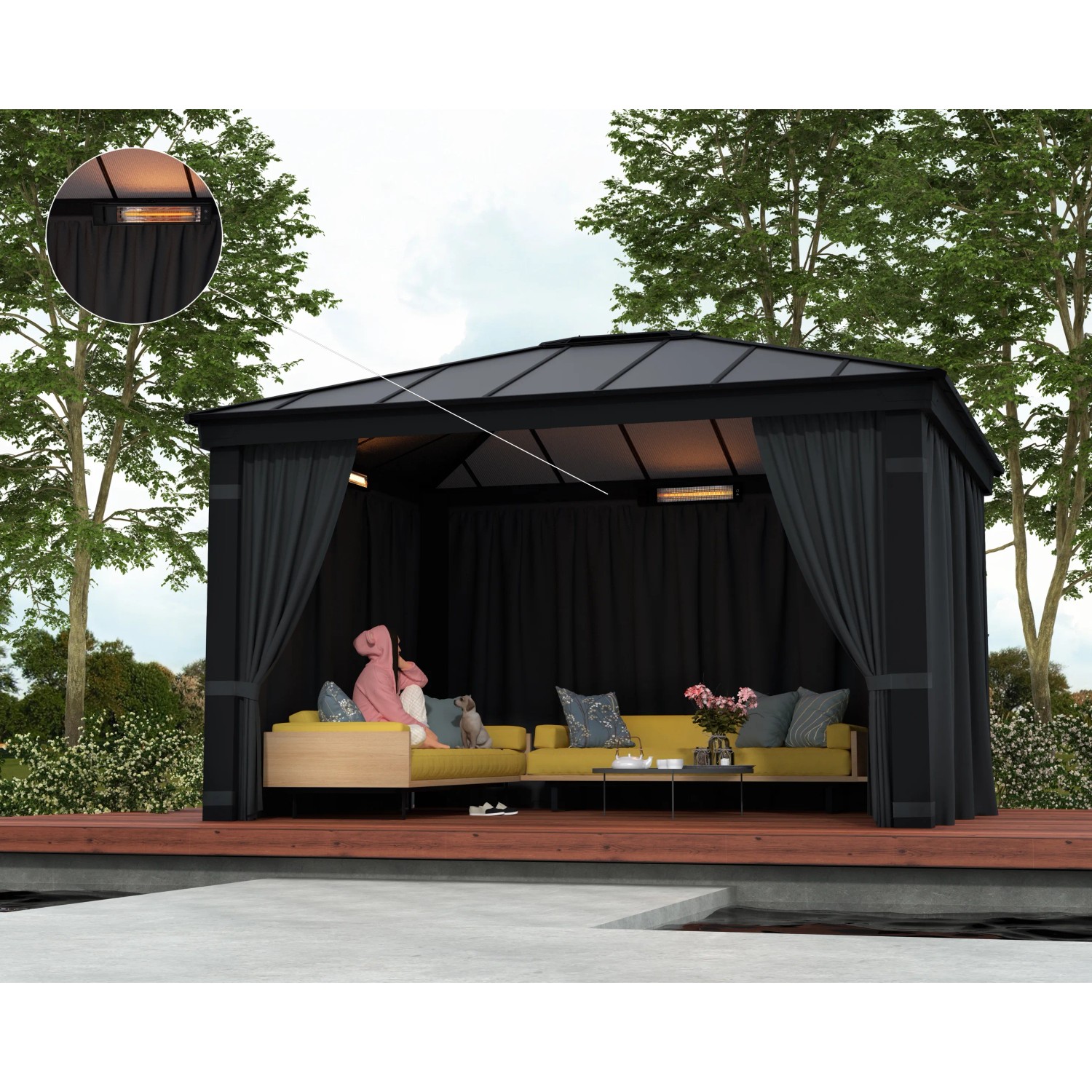 Palram Infrarot Heizstrahler (1800 W) an Terrassenüberdachung montiert.