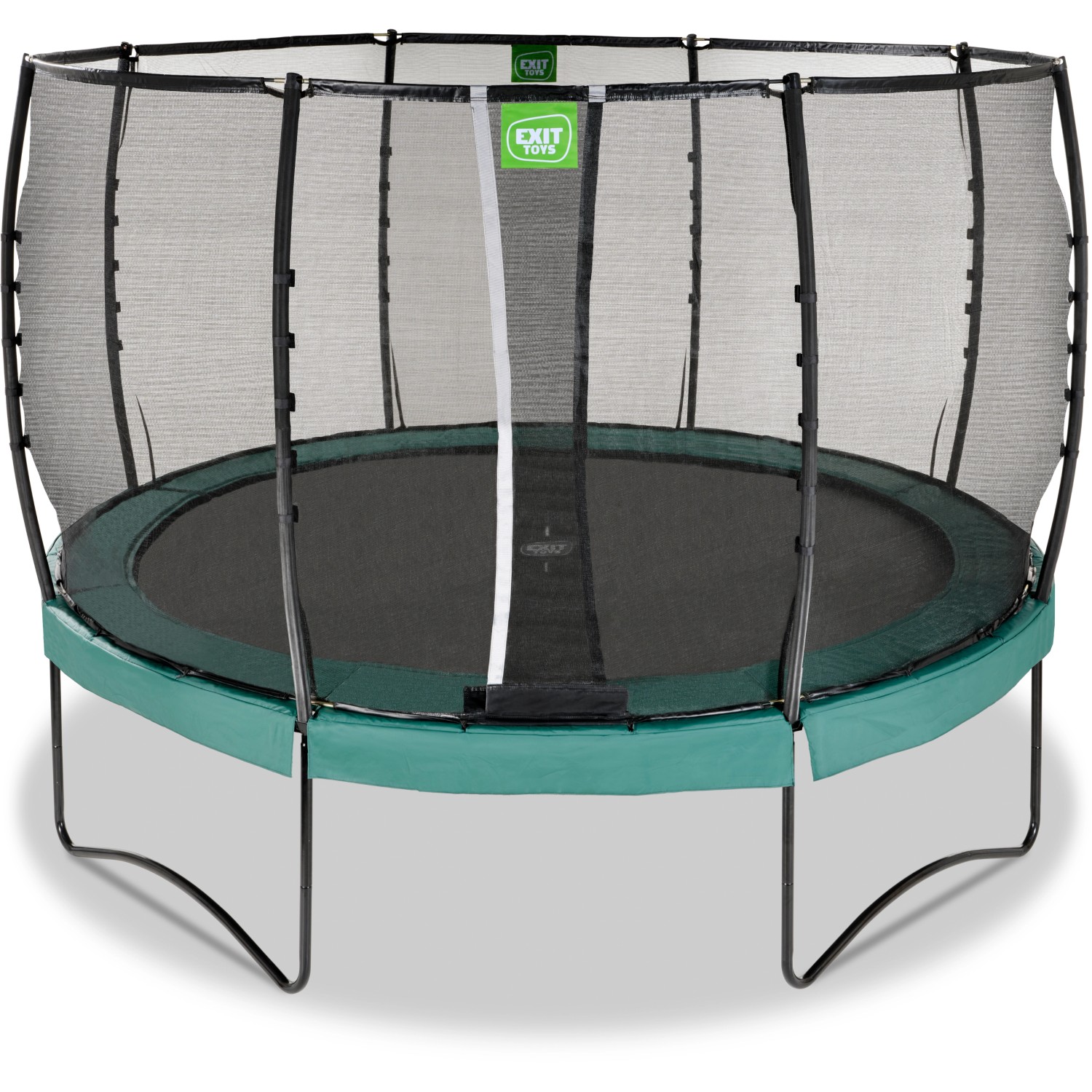 Grünes EXIT Allure Premium Trampolin Ø 366 cm mit Sicherheitsnetz für den Garten.