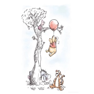 Winnie Pooh Wandbild (50x70cm) mit Puuh, Ferkel, I-Aah und Tigger am Baum mit Ballon.