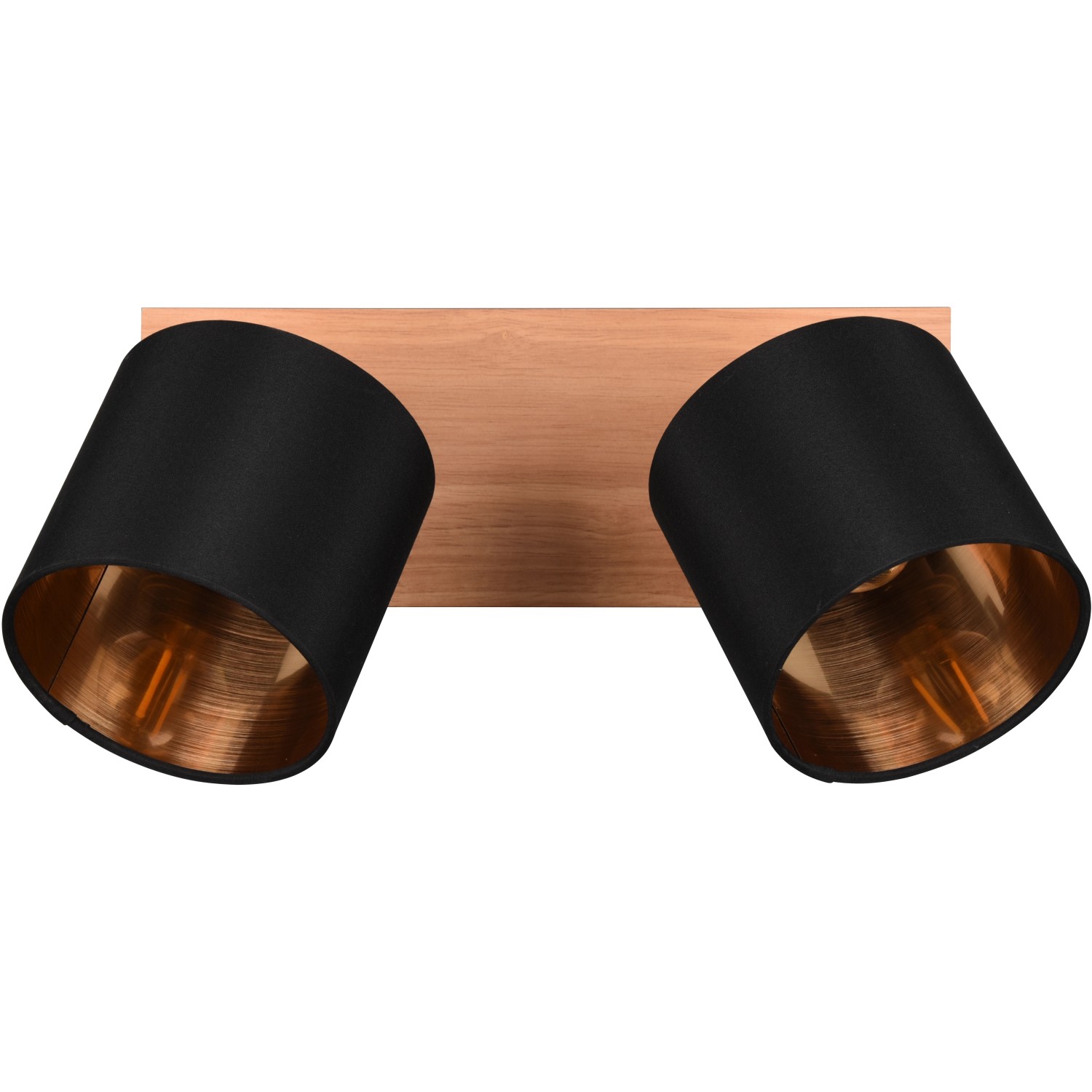 Reality Tommy Strahler, 2-flammig, Holzfarbig, mit schwarzen Stoffschirmen und goldfarbener Innenseite.