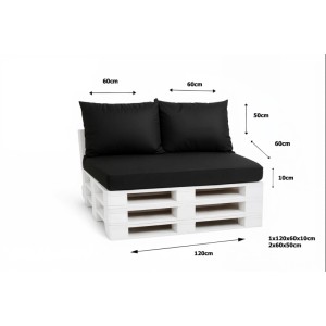 Schwarzes Palettenkissen-Set für Outdoor-Möbel: 1 Sitzkissen, 2 Rückenkissen.
