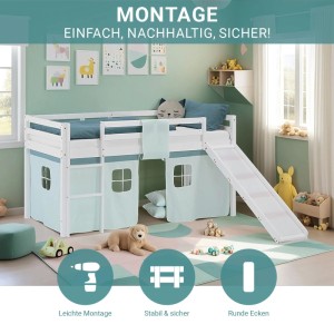 Weißes Kinder Hochbett 90x200 aus Kiefernholz mit Rutsche, Leiter, Matratze und mintgrünem Vorhang. Stabil.
